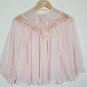 Van Raalte vintage 1950s blush, pink nylon, chiffon bed coat floral embroidery M
